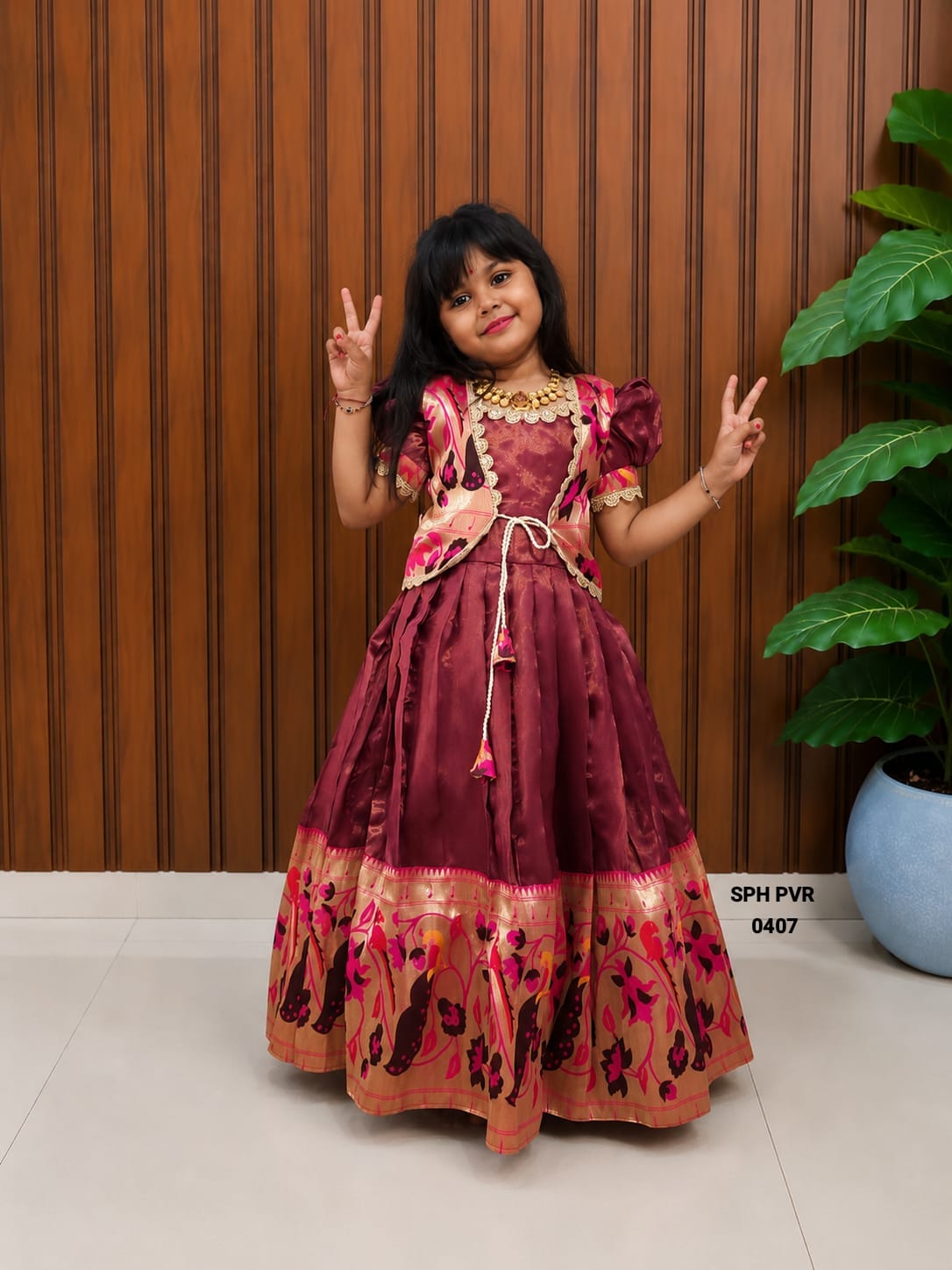 Girls Royal Purple Brocade Ethnic Gown Dress